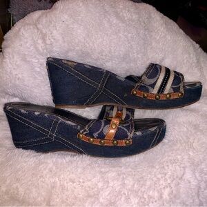 Coach Denim Blue and Tan ELLICE 8 1/2 Wedged Mules